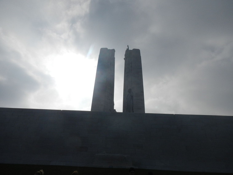 Vimy Ridge Monument backlit by the setting sun